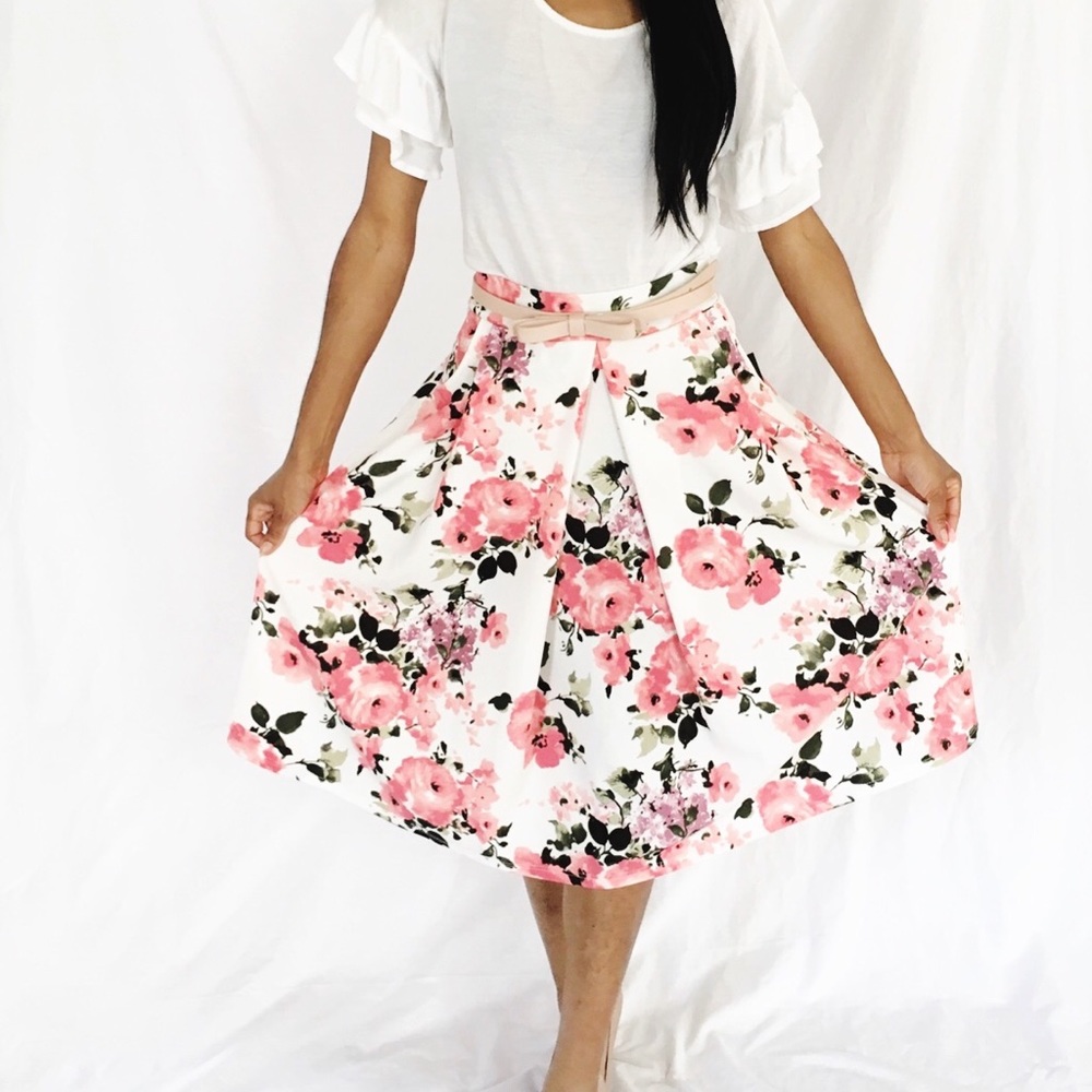 White floral pleated midi